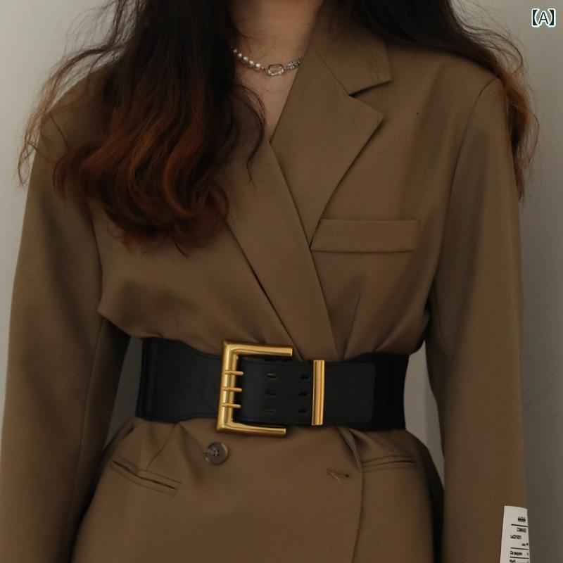 ベルト ウエストマーク レディース 女性 PUレザー 人工革 ワイド 装飾 アクセサリー バックル 合金 黒 ピン式 背側 ゴム スタイリッシュ