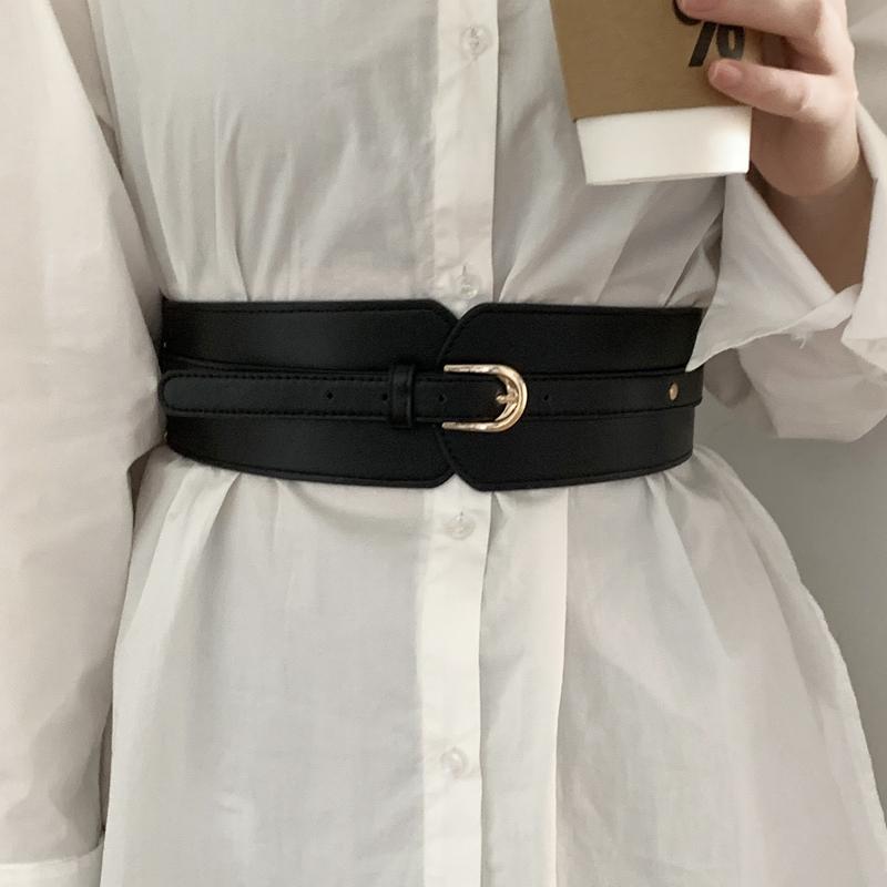 ベルト ウエストマーク レディース 女性 PUレザー 人工革 幅広 背側 ゴム 装飾 アクセサリー バックル 合金 レトロ サイズ調整 黒 ピン式 シンプル