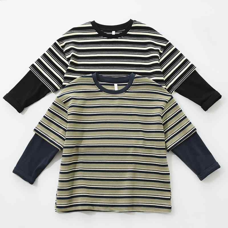 乐天商城 - 長袖 Tシャツ キッズ かっこいい ユニセックス 重ね着風 カジュアル ボーダー 通気性 吸汗性 春秋 ラウンドネック レジャー 綿 150-180cm 緑 ベージュ