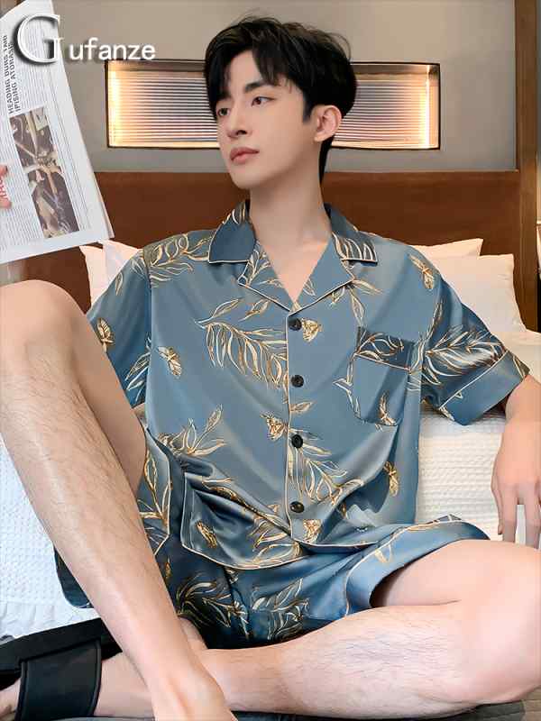 メンズ パジャマ 夏 用 半袖 半ズボン おしゃれ 上下 セット 涼しい 薄手 スモールラペル 大きいサイズ 花 ストライプ リーフ 青 グレー 黒