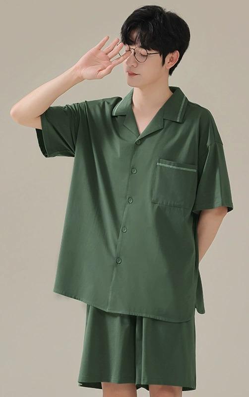 メンズ パジャマ 夏 用 半袖 半ズボン おしゃれ 上下 セット モーダル 涼しい 薄手 カジュアル 大きいサイズ スモールラペル 無地 ストライプ 緑 青 白