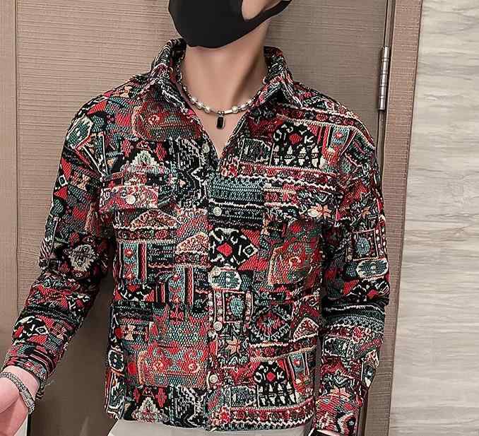 エスニック メンズ シャツ 大きいサイズ 韓国 男性 紳士 秋 長袖 ツイード カジュアル スリム フィット トップス 赤 緑 総柄 民族
