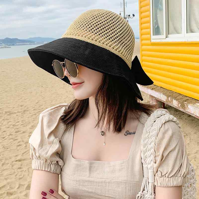 バケットハット レディース 夏 かわいい 日焼け防止 つば広 折りたたみ リボン 紐 付き 56-58cm レジャー アウトドア 旅行 黒 ベージュ 黄