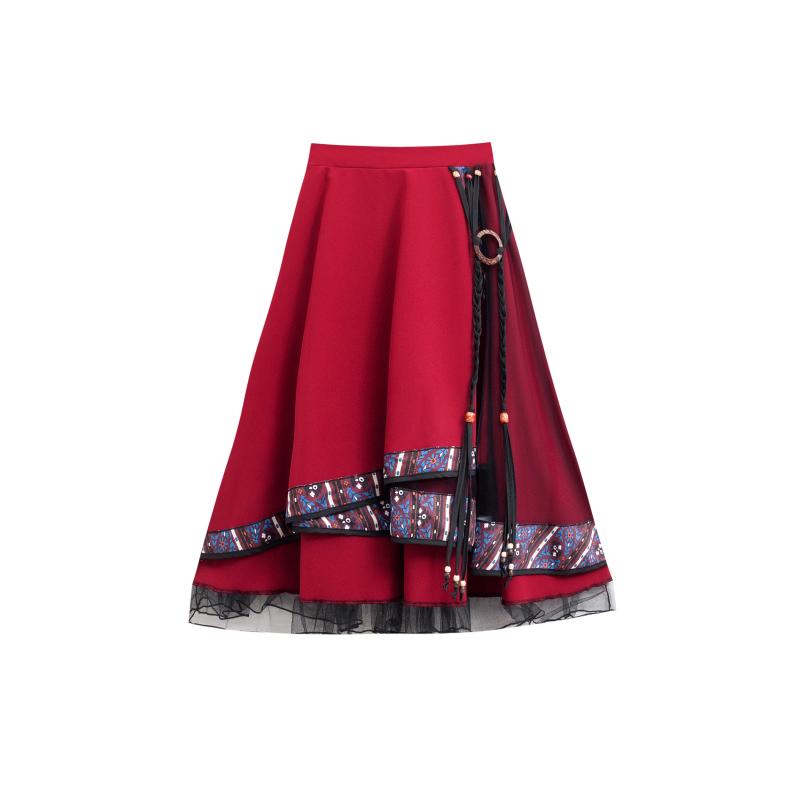 スカート レディース 秋冬 ボトムス 民族風 エスニック レトロ ミモレ丈 Aライン ウエストゴム チュール 舞台 パフォーマンス 個性的 カジュアル 赤