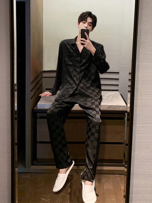 アイスシルク パジャマ メンズ 長袖 春夏 秋 大きいサイズ 薄手 チェック柄 ホーム ルームウェア 裾絞り ラペル 前開き ウエストゴム 黒