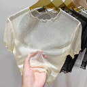シアー トップス 半袖 レース レディース 夏 薄手 メッシュトップ ラウンドネック ドット プルオーバー シースルー スリムフィット 白 黒 アプリコット
