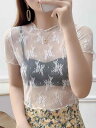 シアー トップス 半袖 韓国 レディース ラウンドネック プルオーバー シースルー スリムフィット ジャガード 夏 インナー 白 黒 アプリコット