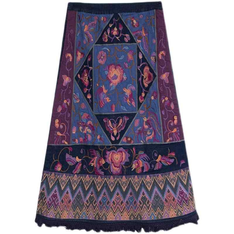 スカート レディース 秋 ボトムス 民族風 レトロ エスニック ミモレ丈 Aライン 刺繍 フリンジ パッチワーク デニム ポケット ミセス マダム 個性的 カジュアル 紺 花柄