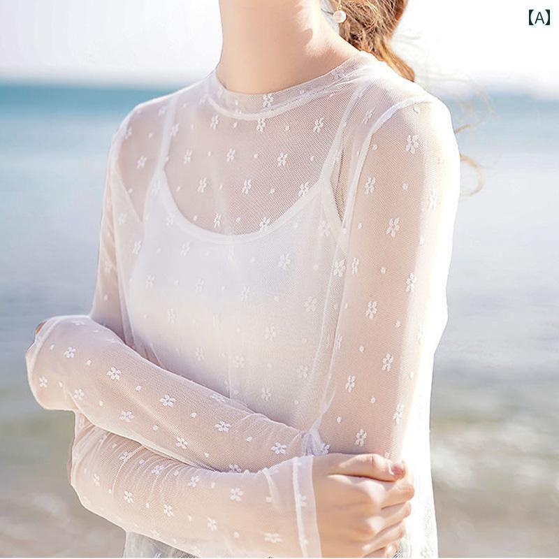 シアー トップス おしゃれ 透け感 長袖 日焼け対策 重ね 着 涼しい レディース 夏秋 Tシャツ メッシュ インナー クルー ネック 白 黒(4)