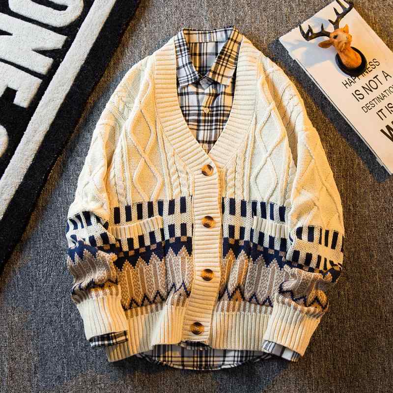 ニット カーディガン ケーブル編み 秋 メンズ レトロ 菱形 Vネック ゆったり 長袖 前開き ボタン 大き..