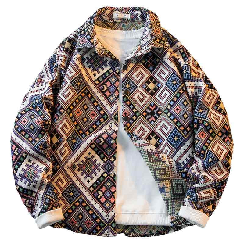 シャツ メンズ エスニック 長袖 ジャカード 菱形 格子柄 デニム生地 ジャケット 襟き 前開き スナップボタン ゆったり 大きいサイズ カジュアル おしゃれ