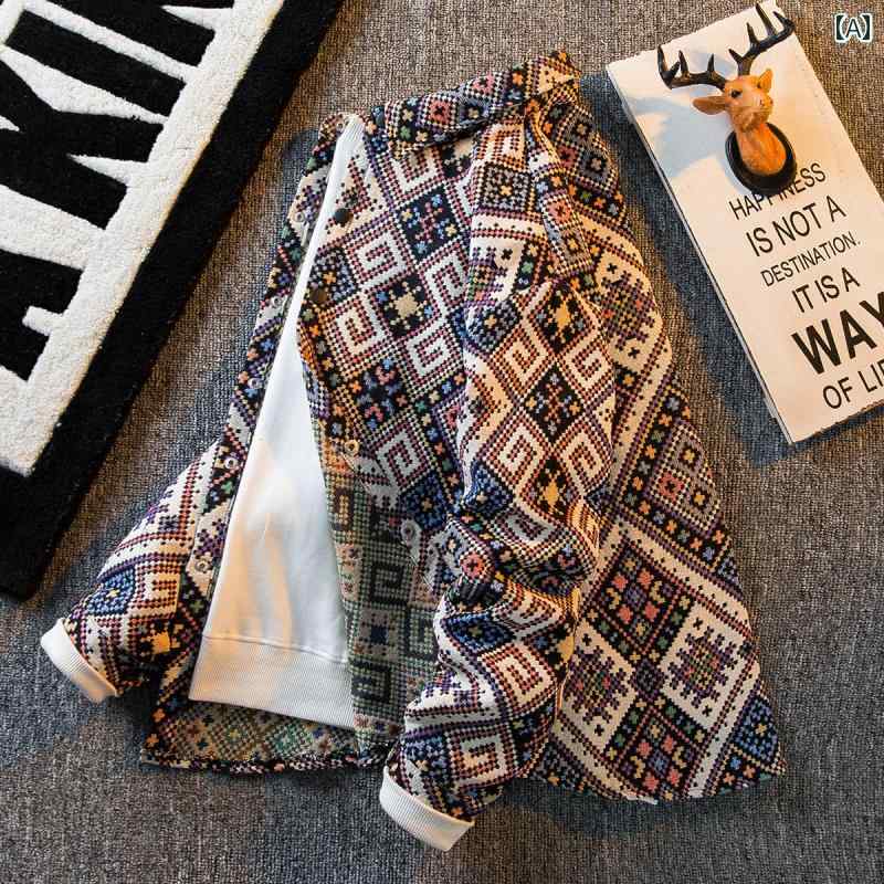 シャツ メンズ エスニック 長袖 ジャカード 菱形 格子柄 デニム生地 ジャケット 襟き 前開き スナップボタン ゆったり 大きいサイズ カジュアル おしゃれ