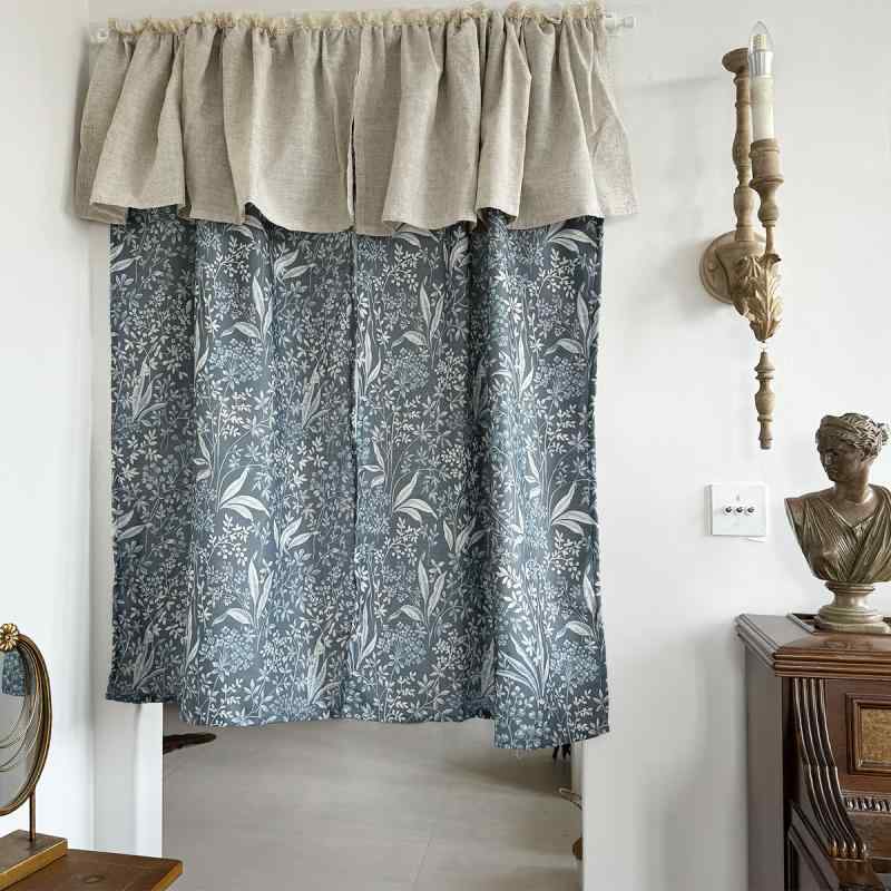 おしゃれ カフェカーテン 柄 アメリカン カントリー キッチン リビング 小窓 ボタニカル シンプル ナチュラル モダン 突っ張り棒 目隠し 青