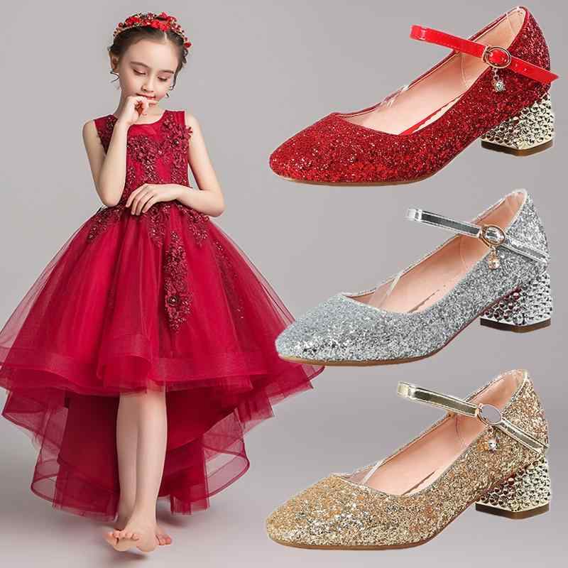 キラキラ パンプス おしゃれ レディース 女の子 発表会 子ども 靴 フォーマル ヒール ストラップ 滑りにくい 結婚式 シルバー ゴールド 赤 17-25cm