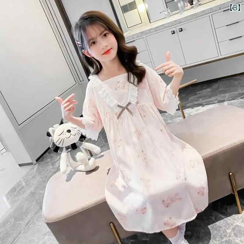 パジャマ ワンピース キッズ 女の子 ジュニア 夏 ひんやり 柔らかい 薄手 半袖 リボン レース かわいい ルームウェア 大きいサイズ くま 緑 ピンク 3