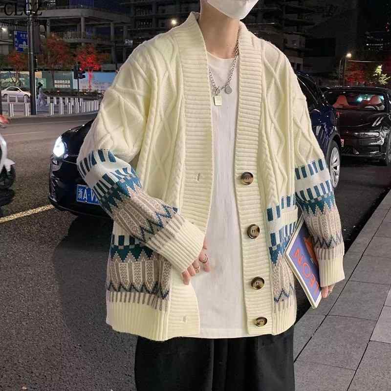 ニット カーディガン エスニック メンズ 春秋 ケーブル編み 羽織り ゆったり Vネック 前開き ボタン 大きいサイズ ビッグシルエット おしゃれ 青 アプリコット オレンジ