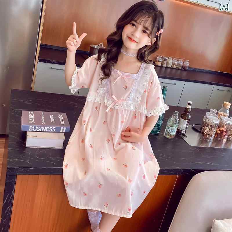 フロントップ楽天市場店のパジャマ キッズ 半袖 女の子 親子 ワンピース 春夏 スクエアネック ミモレ丈 レース リボン 涼しい 薄手 ソフト 吸湿 通気 ルームウェア かわいい プリンセス うさぎ くま 花柄 ピンク｜アングル2