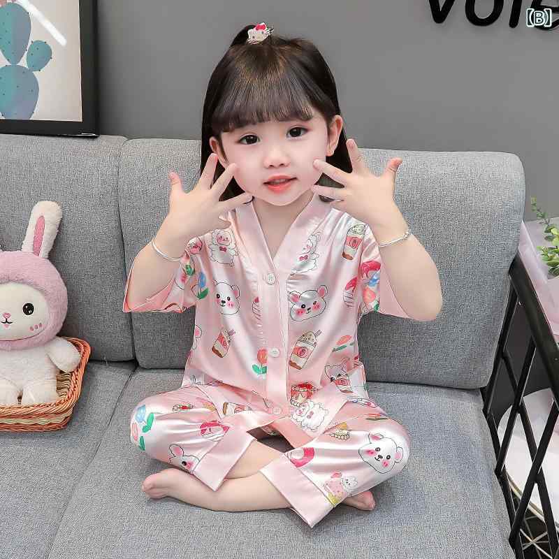 パジャマ キッズ 半袖 長袖 女の子 ベビー 上下セット 春夏 前開き ボタン Vネック 長ズボン 薄手 涼しい 吸湿 通気 ソフト ルームウェア かわいい くま 白 ピンク