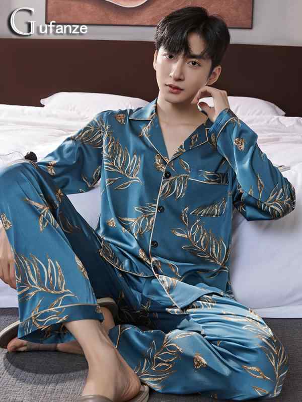 パジャマ メンズ 夏用 長袖 涼しい 快適 春秋 ホームウェア 薄手 セットアップ ブルー グレー リーフ プリント ロング 軽量 ウエストゴム 前開き おしゃれ シンプル ラグジュアリー
