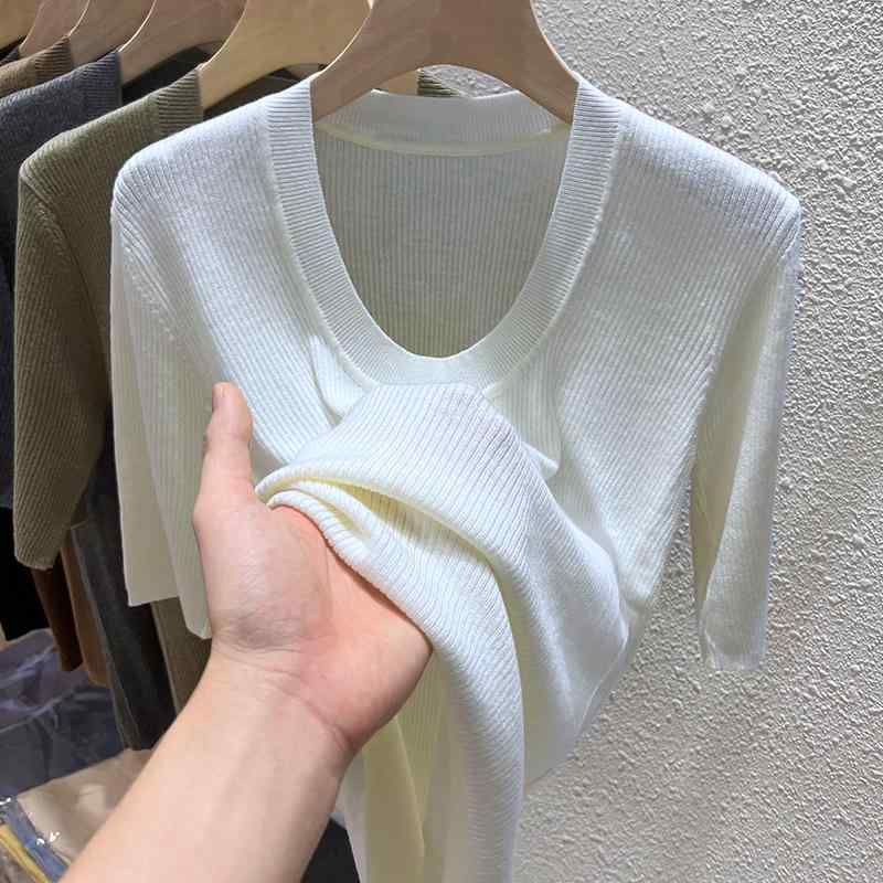 乐天商城 - サマー ニット 半袖 レディース トップス tシャツ 冷感 涼しい 快適 スリム Uネック 綿 通気性 オフィス カジュアル 通学 きれいめ シンプル 無地 茶 青 緑