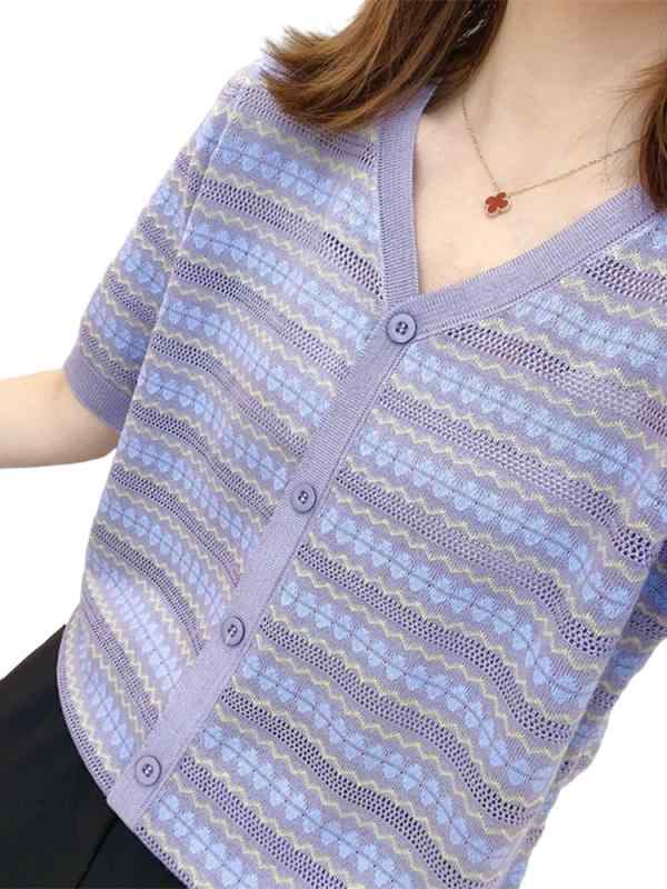 サマー ニット 半袖 レディース トップス セーター 冷感 涼しい 快適 ラウンドネック ゆったり 大きいサイズ 体型カバー 通気性 薄手 カジュアル おしゃれ ストライプ 青