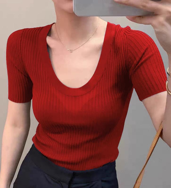 ニット 半袖 レディース 春夏 トップス プルオーバー Uネック リブ 鎖骨見せ 涼しい ソフト 吸湿 通気 スリム フィット おしゃれ カジュアル 赤 黒 白 大きいサイズ