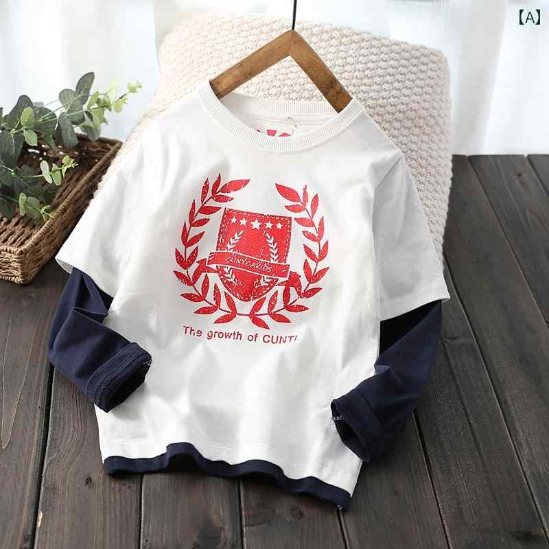 子供服 男の子 重ね着風 綿 ラウンドネック トップス 長袖 ロンT 柔らかい 汗吸収 快適 恐竜 オリーブ かっこいい 白 グレー 紺 2