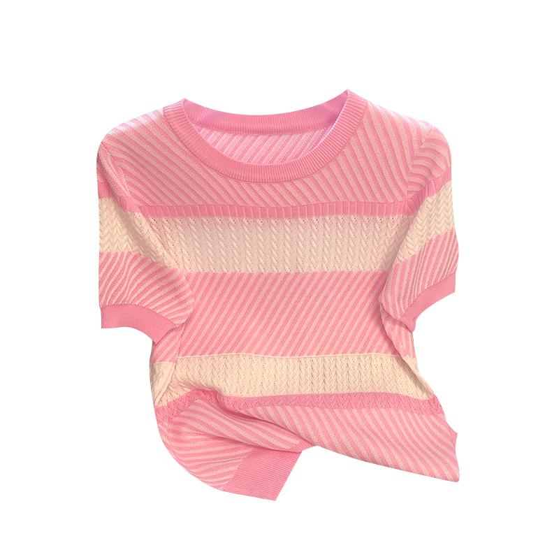 ニット 半袖 レディース 春夏 トップス プルオーバー ラウンドネック ゆったり 涼しい おしゃれ カジュアル ストライプ 青 ピンク 黒