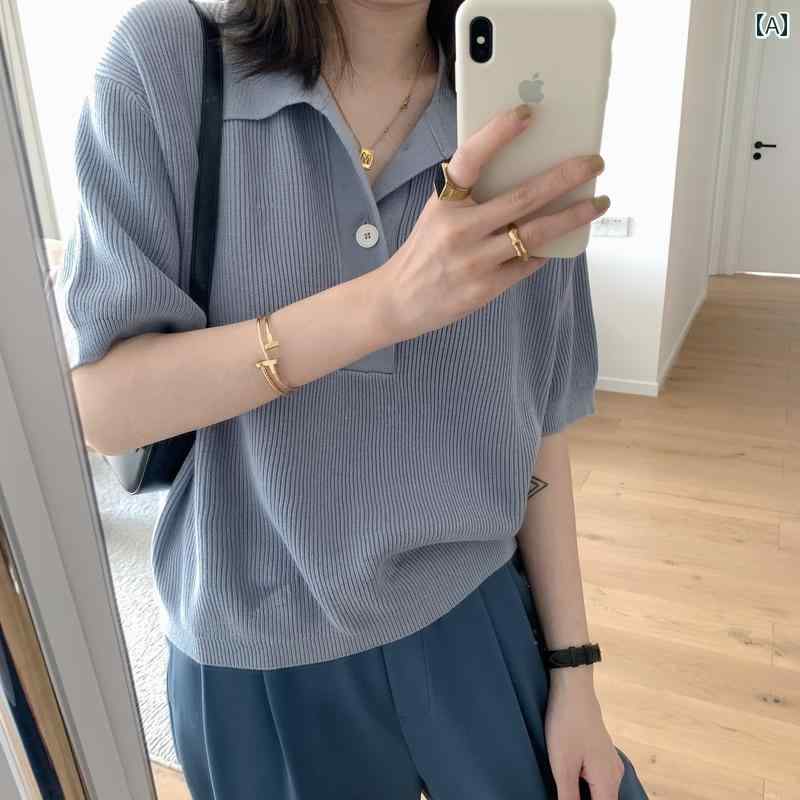 ニット 半袖 レディース 春夏 トップス ポロシャツ 襟 ボタン リブ 薄手 涼しい ゆったり おしゃれ シ..
