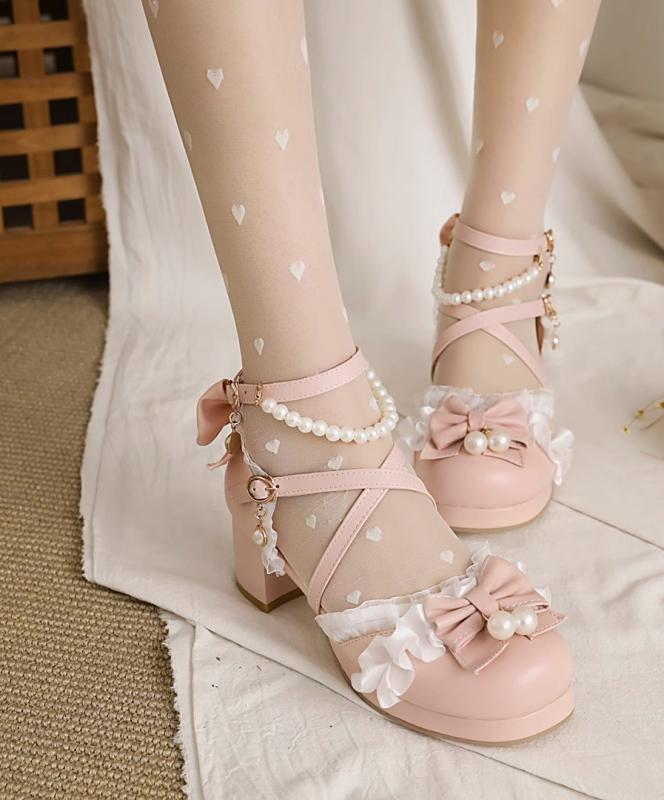 ロリータ 靴 女の子 夏 ラウンドトゥ 太ヒール 滑りにくい クロスバックル パール いちご 発表会 学園祭 かわいい ピンク 白 ベージュ