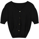 サマー ニット カーディガン 半袖 夏 Vネック 小さめ レディース 薄手 ショート丈 パフスリーブ トップス オフィス 冷房対策 無地 黒 白 緑