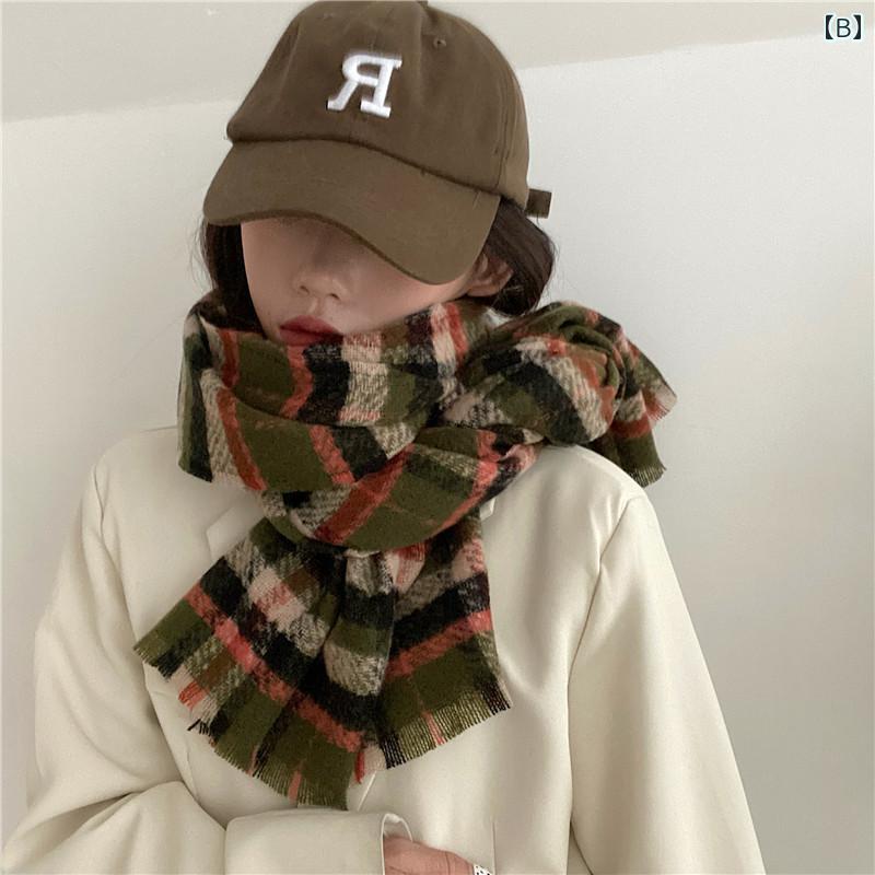 マフラー レディース 秋冬 韓国 ネックウォーマー ストール フリンジ 保温 防風 防寒 グッズ シンプル カジュアル 茶 緑 黄 チェック柄