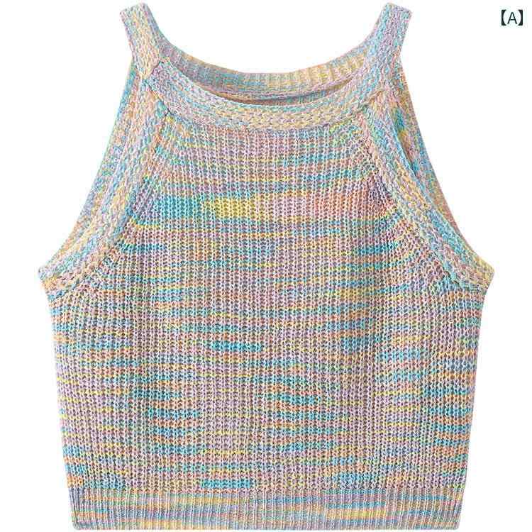 夏 レディース サマーニット タンクトップ レインボー ストライプ ミックス カラー ショート ラウンドネック トップス フリーサイズ ピンク 緑 カーキ スリム フィット