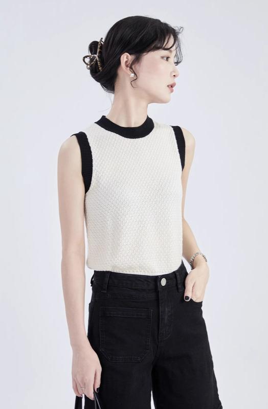 夏 レディース サマーニット タンクトップ ノースリーブ トップス ラウンドネック S M L ゆったり ルーズ 白 黒 カーキ シンプル