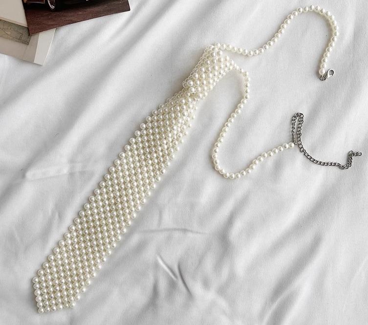 ワンタッチ ネクタイ レディース 韓国 レトロ チョーカー アクセサリー 装飾 キラキラ パール ビーズ シンプル エレガント おしゃれ 白