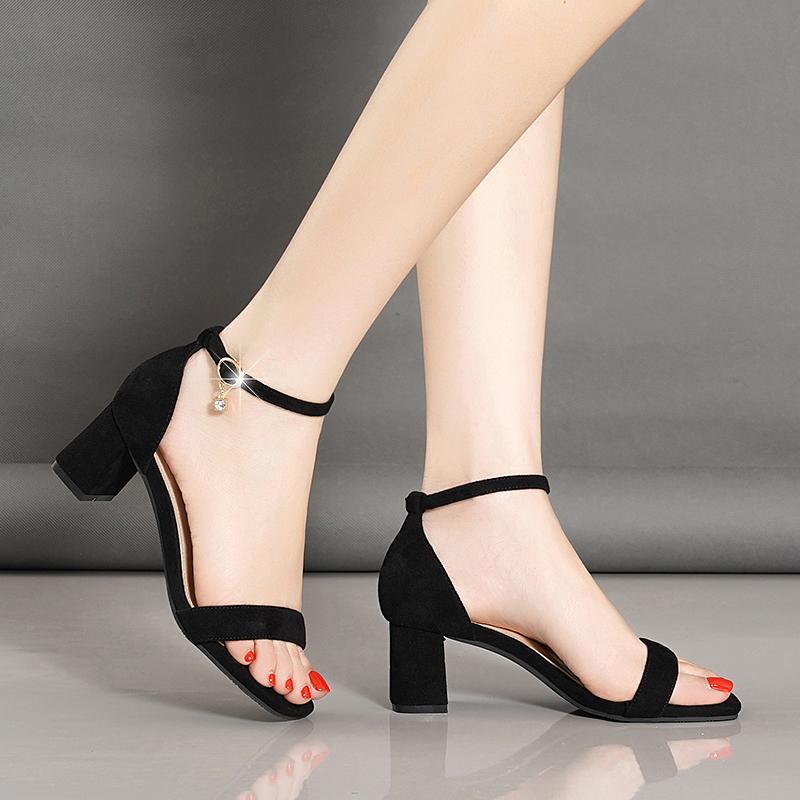 ヒール サンダル 歩き やすい 夏 厚底 レディース 黒 バックルベルト ワンタッチ 22 24 25.5 韓国 シンプル マット アンクル ストラップ オープントゥ ラインストーン