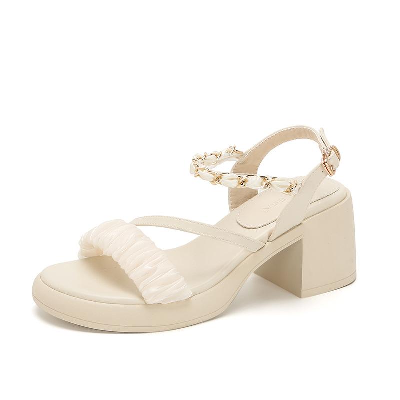 ヒール サンダル 歩き やすい レディース 太い 韓国 厚底 チャンキー 防水性 ワンタッチバックル 黒 アプリコット 22 23 24.5 きれいめ