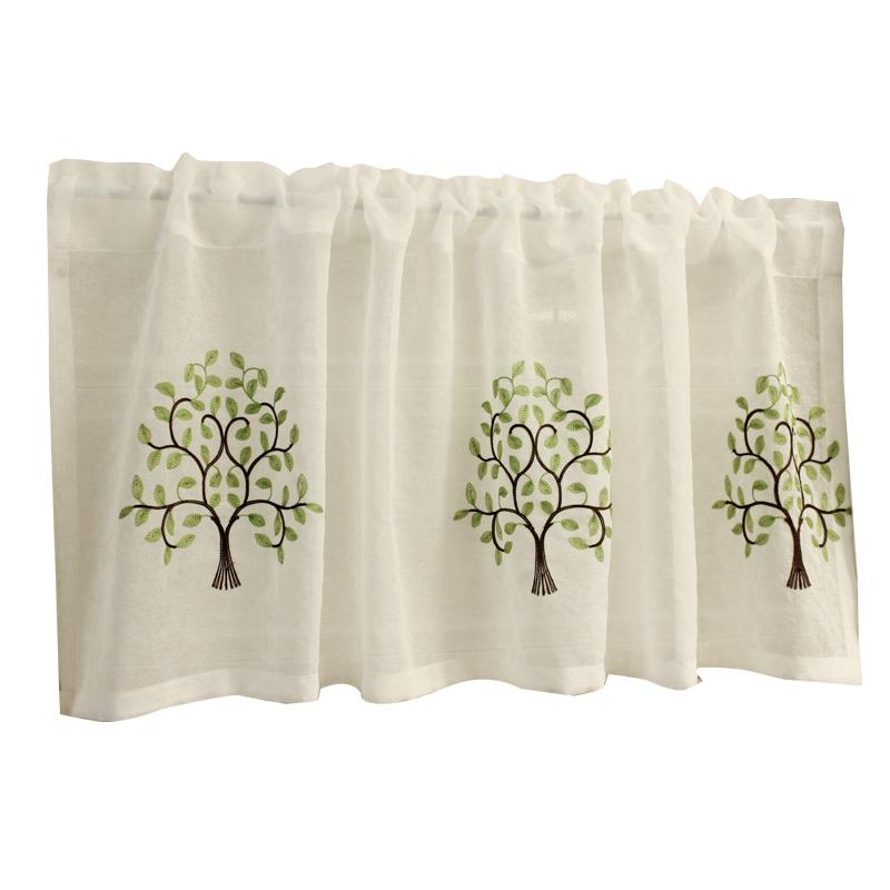 カフェカーテン おしゃれ 薄手 刺繍 ショート のれん リビング 寝室 棚 小窓 目隠し 模様替え インテリア ロッド式 ポール別売り 木