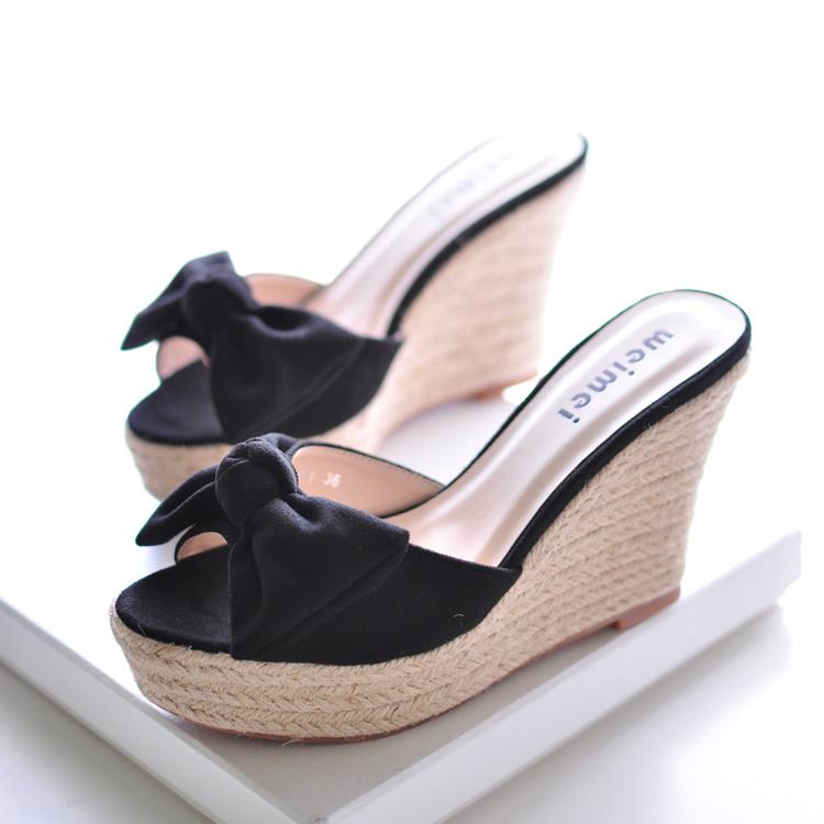 エスパドリーユ レディース 夏 リボン ハイヒール ウェッジ 甘め サンダル 厚底 ミュール 防水 レトロ 滑りにくい スエード 黒 ピンク アプリコット