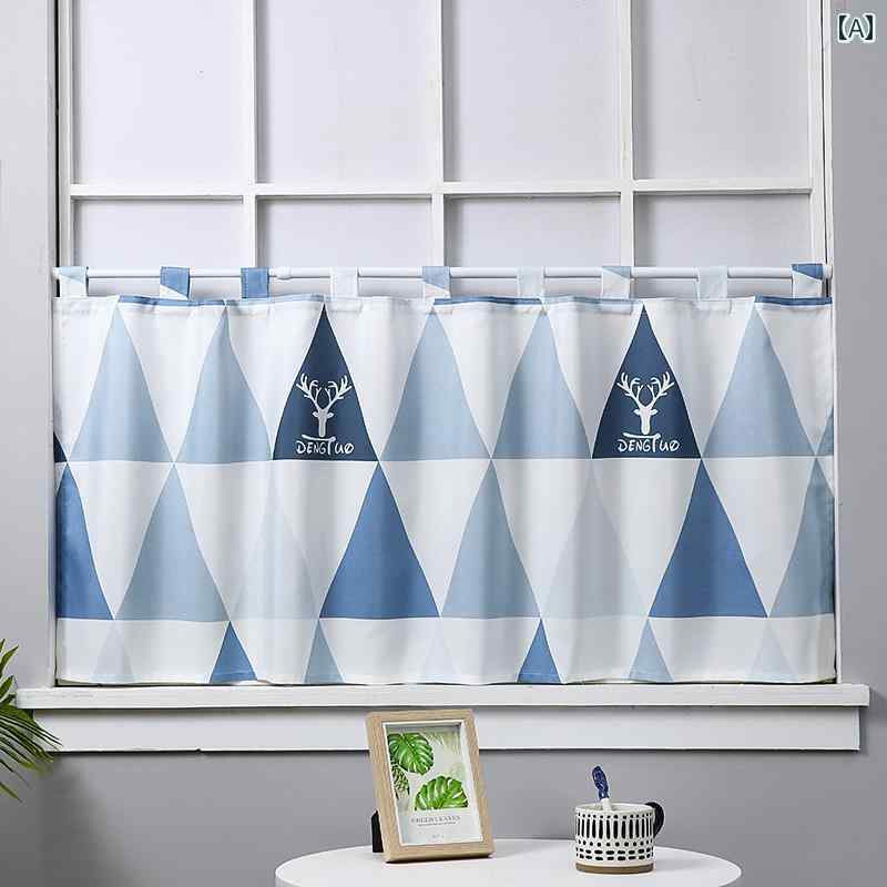 カフェカーテン おしゃれ 北欧 半遮光 防水 ショート丈 のれん リビング 寝室 バスルーム 棚 小窓 目隠し 模様替え インテリア スリング式 ポール別売り 青 黄色