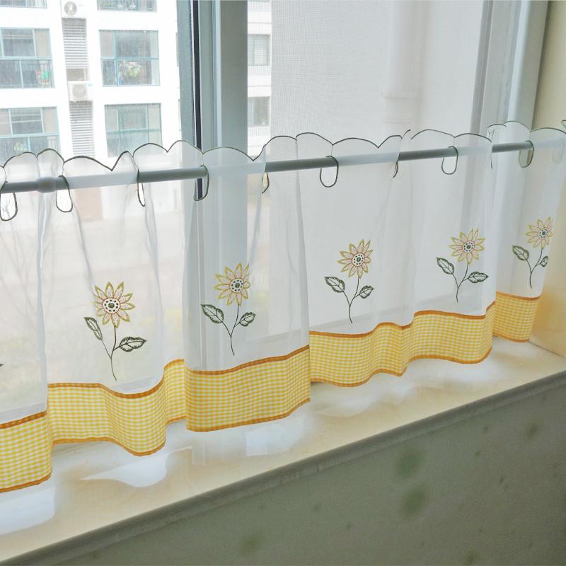 カフェカーテン おしゃれ 半遮光 刺繍 ショート丈 のれん リビング 寝室 棚 小窓 目隠し 模様替え インテリア ポール別売り ひまわり