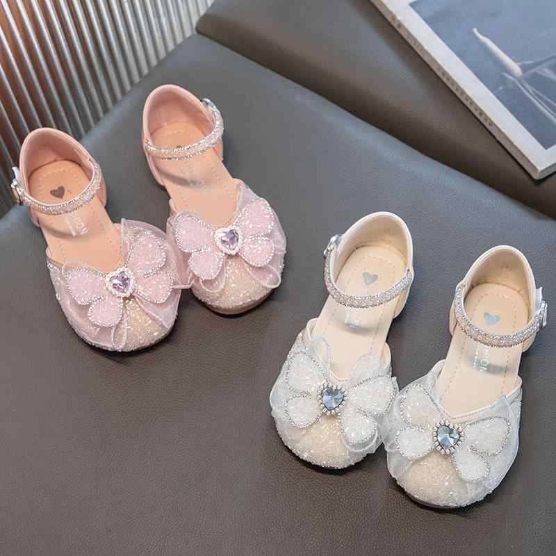 ロリータ 靴 女の子 夏 子供 サンダル 滑り止め ソフト プリンセス PU 白 ピンク ラウンドトゥ 透け感 ハート 蝶 レース フラット 歩きやすい パール ラインストーン