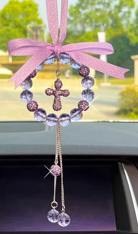 カー アクセサリー おしゃれ クロス ハート 星 車内 ぶら下げ ルームミラー ペンダント 装飾 内装 オーナメント レディース プレゼント 紫 白 ピンク