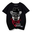 Tシャツ 犬 パグ 半袖 メンズ レディース 大人 かっこいい カジュアル おもしろ 黒 アニマル カウボーイ プリント 夏 ラウンドネック ルーズ ゆったり コットン トップス アメカジ 大きいサイズ カップル お揃い 愛犬 ホワイト