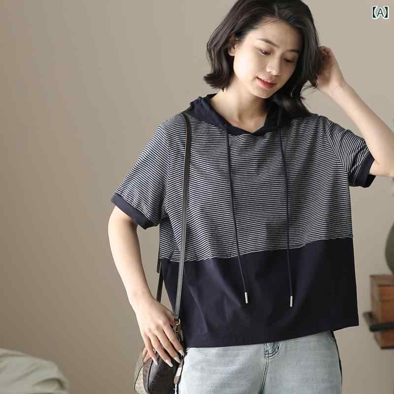 半袖 パーカー レディース 薄手 夏 おしゃれ 涼しい 快適 フード 付き トップス 30代 40代 二の腕カバー カジュアル大きめ ゆったり 五分袖 ストライプ 青