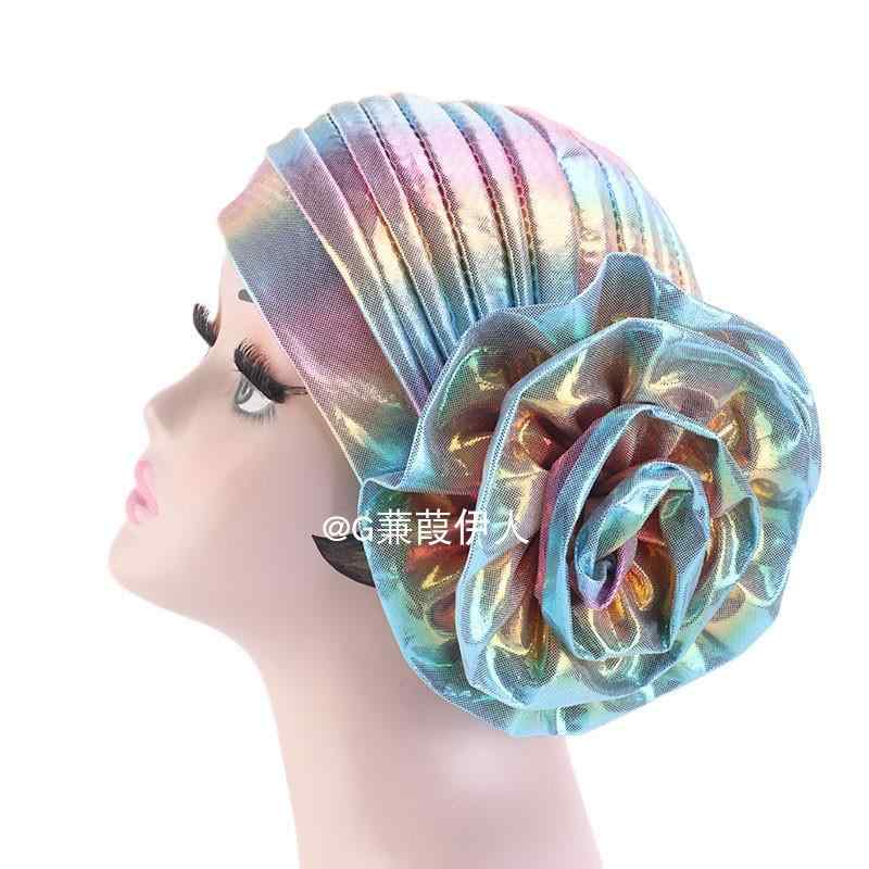 アフリカ ターバン 帽子 大きい 花 キャップ プリーツ ツイスト アラビアン エスニック インド ヘアアクセサリー ドーム型 レインボー 金 ピンク 水色