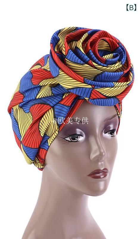 アフリカ ターバン 帽子 プリント サテン 裏地付き フラワー キャップ レディース ゆったり サイズ 調節 可能 おしゃれ 黄 黒 青