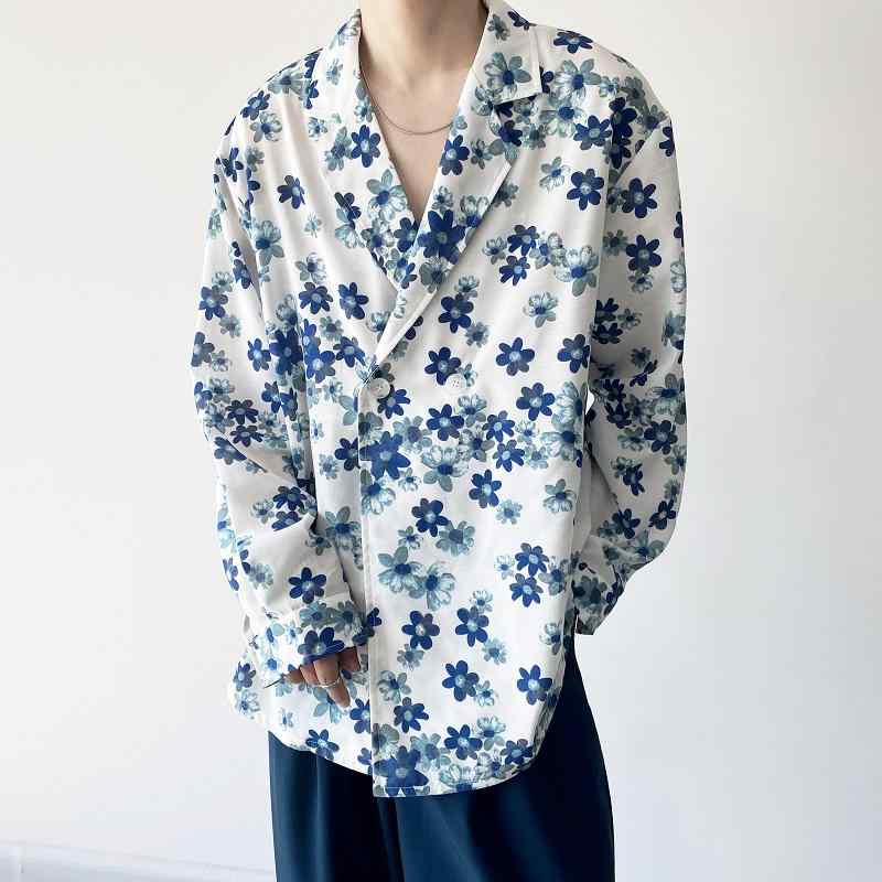 シャツ メンズ 長袖 花柄 開襟 おしゃれ カジュアル 前開き ボタン 総柄 プリント トップス アロハ ワイシャツ ダブルブレスト オープンカラー ゆったり ルーズ しわになりにくい 柔らかい スタイリッシュ レトロ 秋 個性 韓国 蘭 ブルー