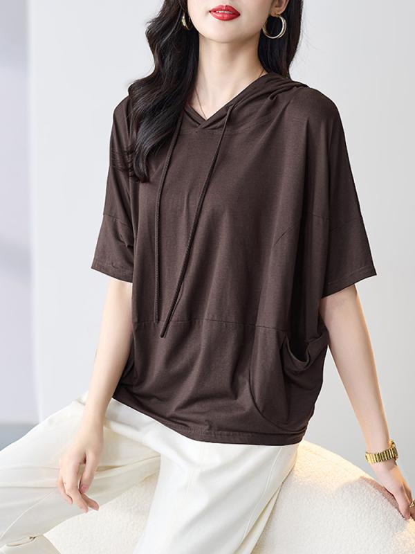 半袖 パーカー レディース 薄手 夏 おしゃれ 涼しい 快適 フード 付き トップス 大人 シンプル 無地 カジュアル 上品 ブラウン ゆったり 大きいサイズ 五分袖 二の腕カバー