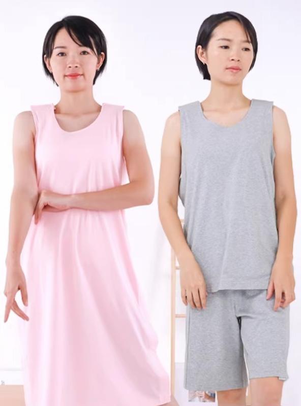 患者衣 上下 麻痺 脳卒中 高齢者 介護 着脱 し やすい 服 夏 透析 フルオープン 脱ぎやすい ノースリーブ グレー ピンク 紫 大きいサイズ 綿 通気性 シンプル ラウンドネック